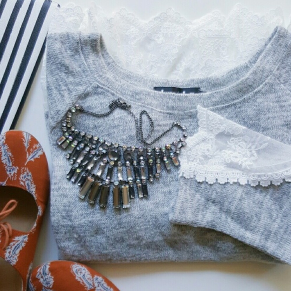 NWOT Gray Sweater with Lace Underlay